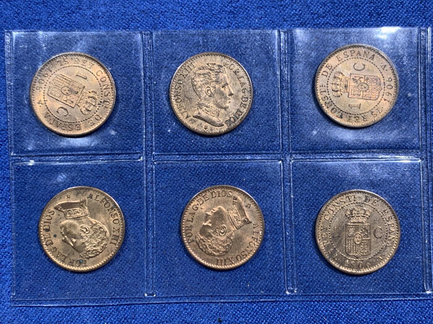 《竞宝斋》第464场 周日，周一，周二，3场连拍 （全场包邮）欢迎送拍 六枚一组 好品原光 西班牙1906年 阿方索十三世1分铜币