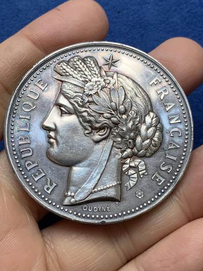 《竞宝斋》第465场 周日，周一，周二，3场连拍 （全场包邮）欢迎送拍 - 法国Oudine战争部长设立的射击奖银章，66.95g，50.2mm，丰饶角边铭，谷物女神形象玛丽安娜