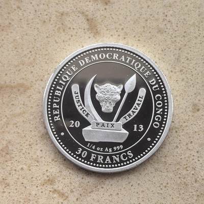 道一币馆币章第一百六十五场 - 刚果2013年五大银行30法郎镀金精制银币  1/4盎司  999s