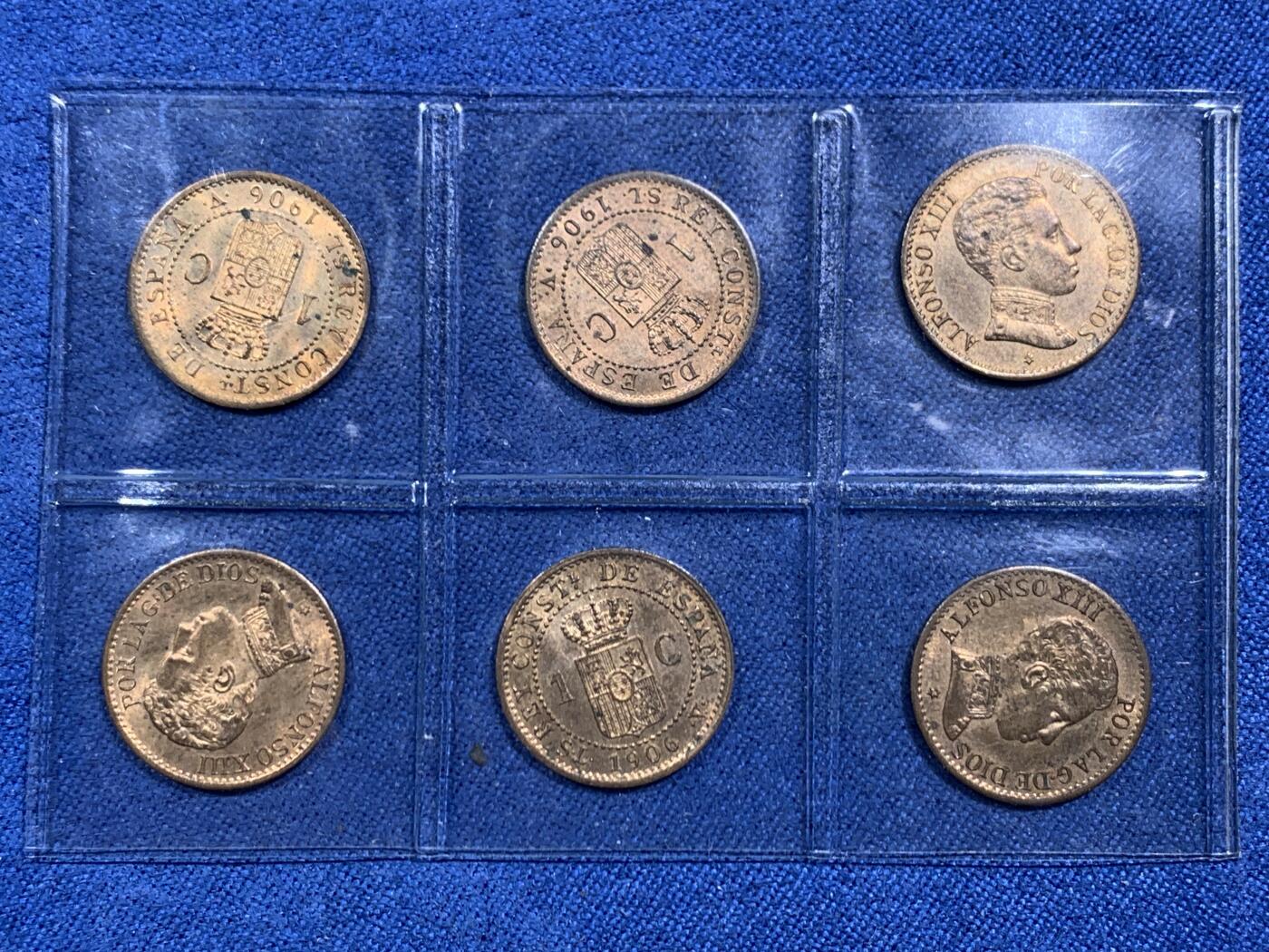 《竞宝斋》第464场 周日，周一，周二，3场连拍 （全场包邮）欢迎送拍 六枚一组 好品原光 西班牙1906年 阿方索十三世1分铜币