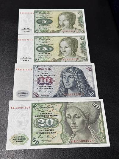 《外钞收藏家》第六百零八期（精选场）（本平台长期征集拍品、欢迎藏友们联系合作） - 西德5-20马克 四张一起 全新UNC