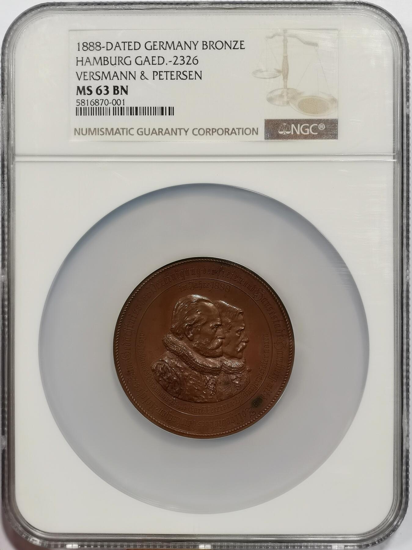 博洋堂“心向春光”2月精品大拍专场暨第160期（全场包邮） NGC MS63BN 冠军分！德国1888三皇年纪念汉堡市歌德学院巨大铜章，54mm大尺寸，背面百年风景依旧历历在目！