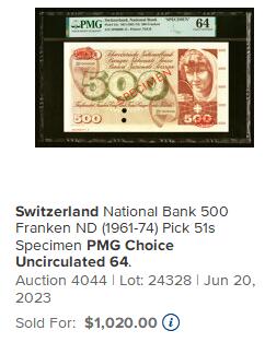 【Blue Auction】世界纸币精拍第782期——18级TOP拍卖/信誉/品质/专业/高效💫  【样钞较少见】瑞士 1961-74年500法郎 青春券 设计精美 超大票幅  PMG65EPQ绝品 值得收藏