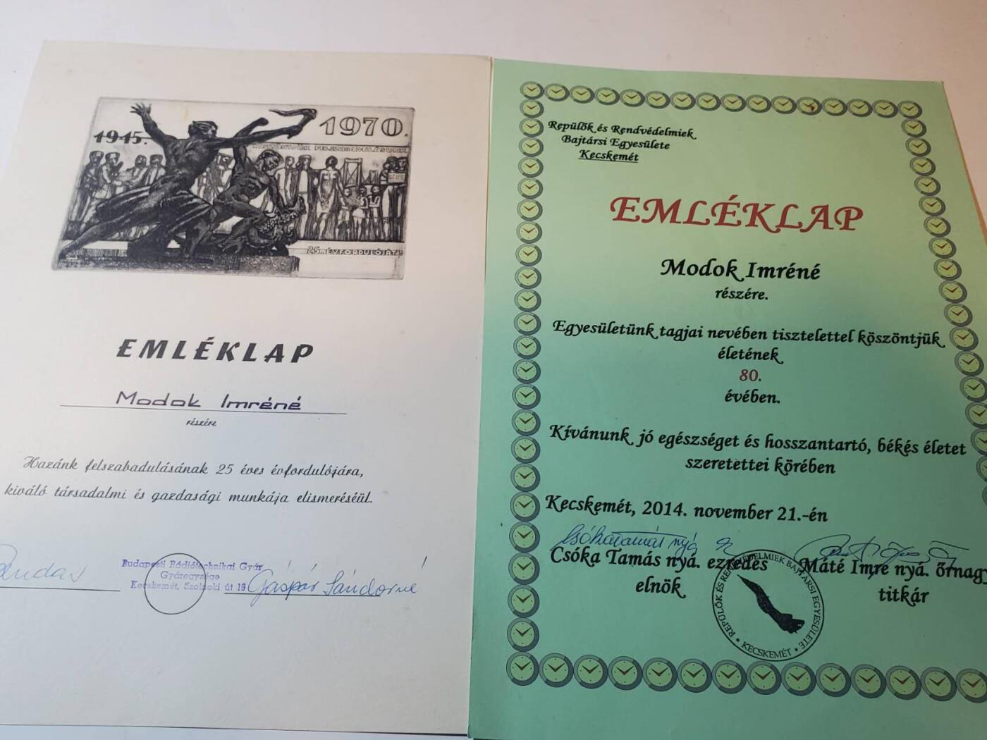 韵星假日军品类拍卖第三十九期暨默多克中校夫妇专场 -- Rimey Holidays Militaria Auction 39 & The Modoks Collection  匈牙利人民共和国祖国默多克夫人解放25年奖励纪念证书，匈牙利飞行员协会感谢状 （默多克夫人最后一张证书）