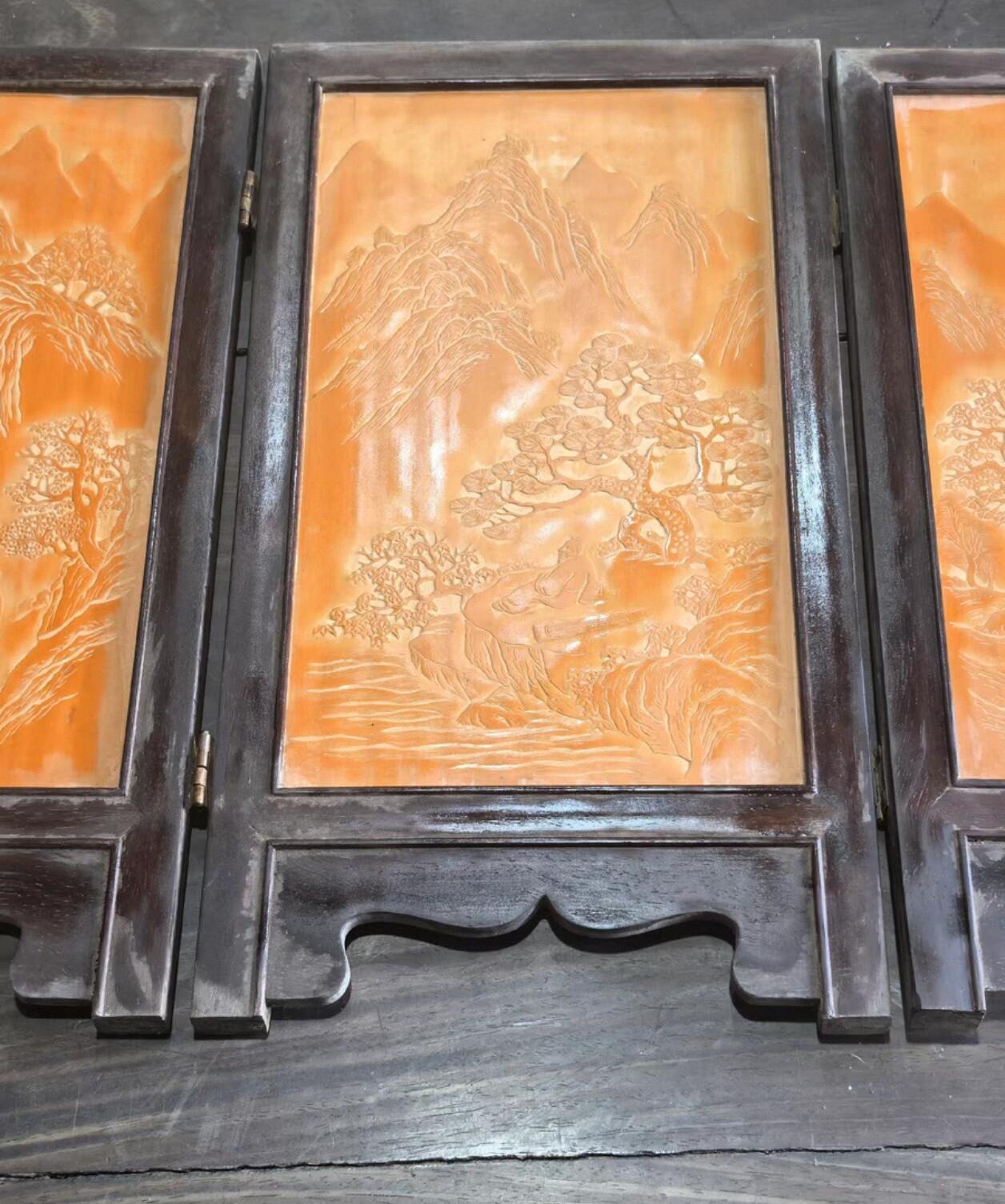 兰馨堂竹雕专场 老红木竹黄风景人物屏风摆件装饰品