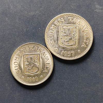 【全场包邮】纯粹捡漏拍500场-持续更新中 - 芬兰1957-1960年100/200马克银币2枚一组【27.5毫米8.3克50%+24毫米5.2克50%】