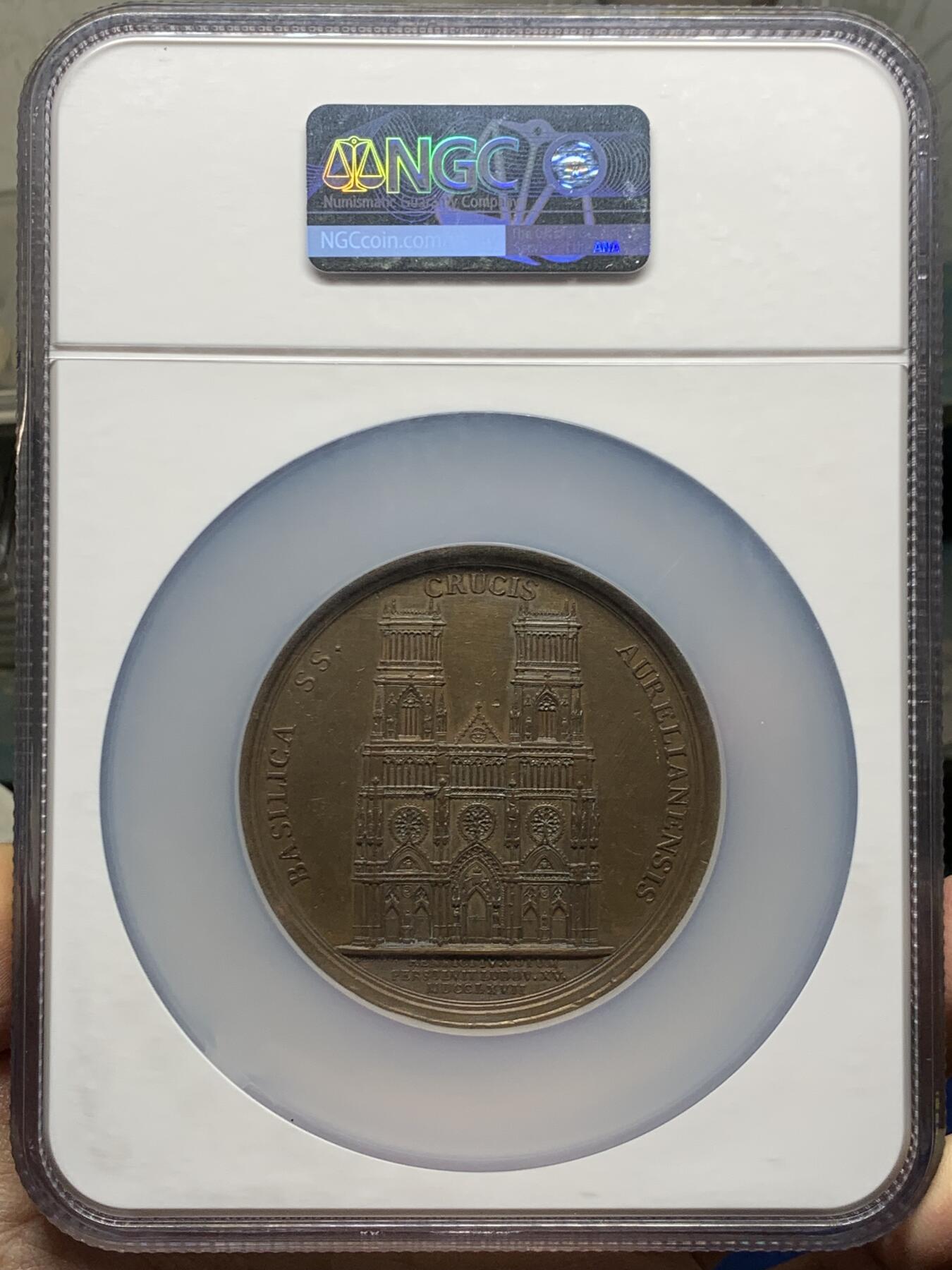 《竞宝斋》第465场 周日，周一，周二，3场连拍 （全场包邮）欢迎送拍 NGC UNCD 法国1767年纪念奥尔良大教堂扩建铜章，正面为路易十五侧像，64mm，加大加厚盒。