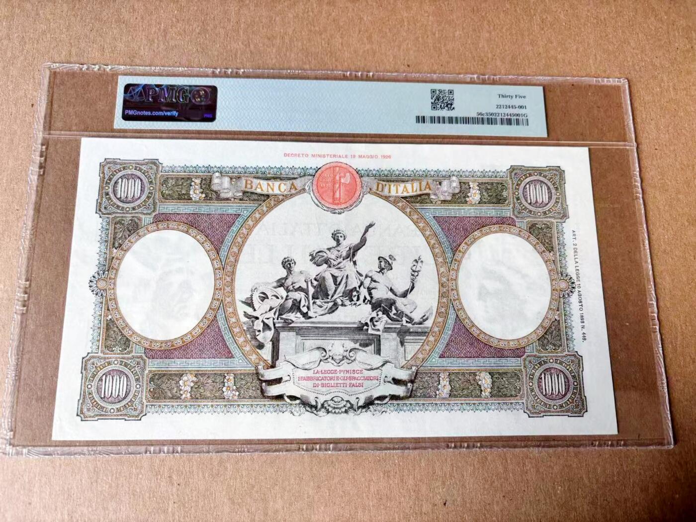 【Blue Auction】世界纸币精拍第782期——18级TOP拍卖/信誉/品质/专业/高效💫 【无47】意大利 1938-41年1000里拉 超大票幅 双水印 设计精美 PMG35