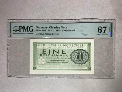 【礼羽收藏】🌏世界钱币拍卖第123期 - 1944年 德国1马克 纸币 PMG 67EPQ 2320987-066