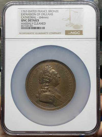 《竞宝斋》第465场 周日，周一，周二，3场连拍 （全场包邮）欢迎送拍 - NGC UNCD 法国1767年纪念奥尔良大教堂扩建铜章，正面为路易十五侧像，64mm，加大加厚盒。