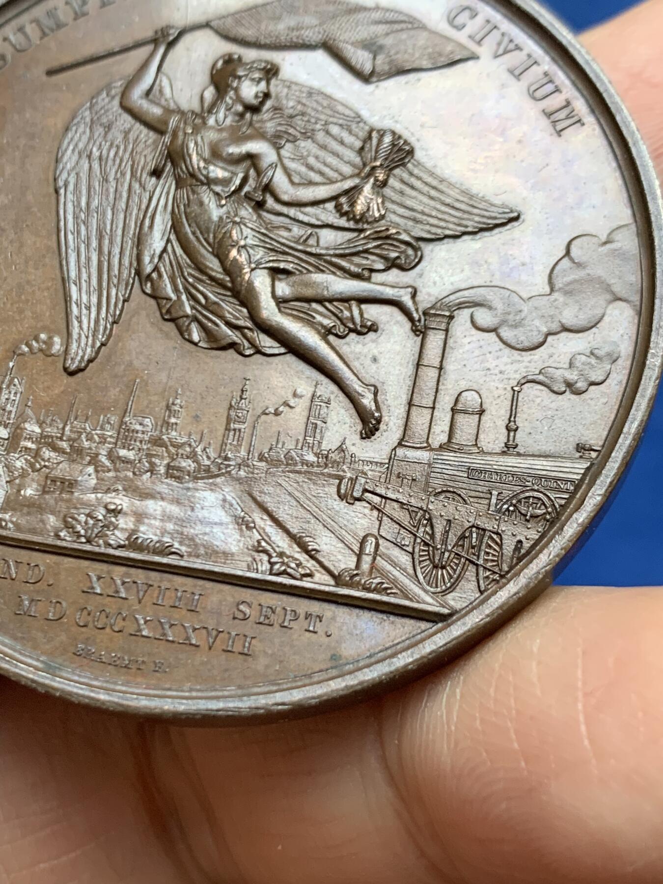 《竞宝斋》第465场 周日，周一，周二，3场连拍 （全场包邮）欢迎送拍 比利时1837年纪念根特至登德尔蒙德铁路开通铜章，利奥波德一世头像，42.9g，49.2mm