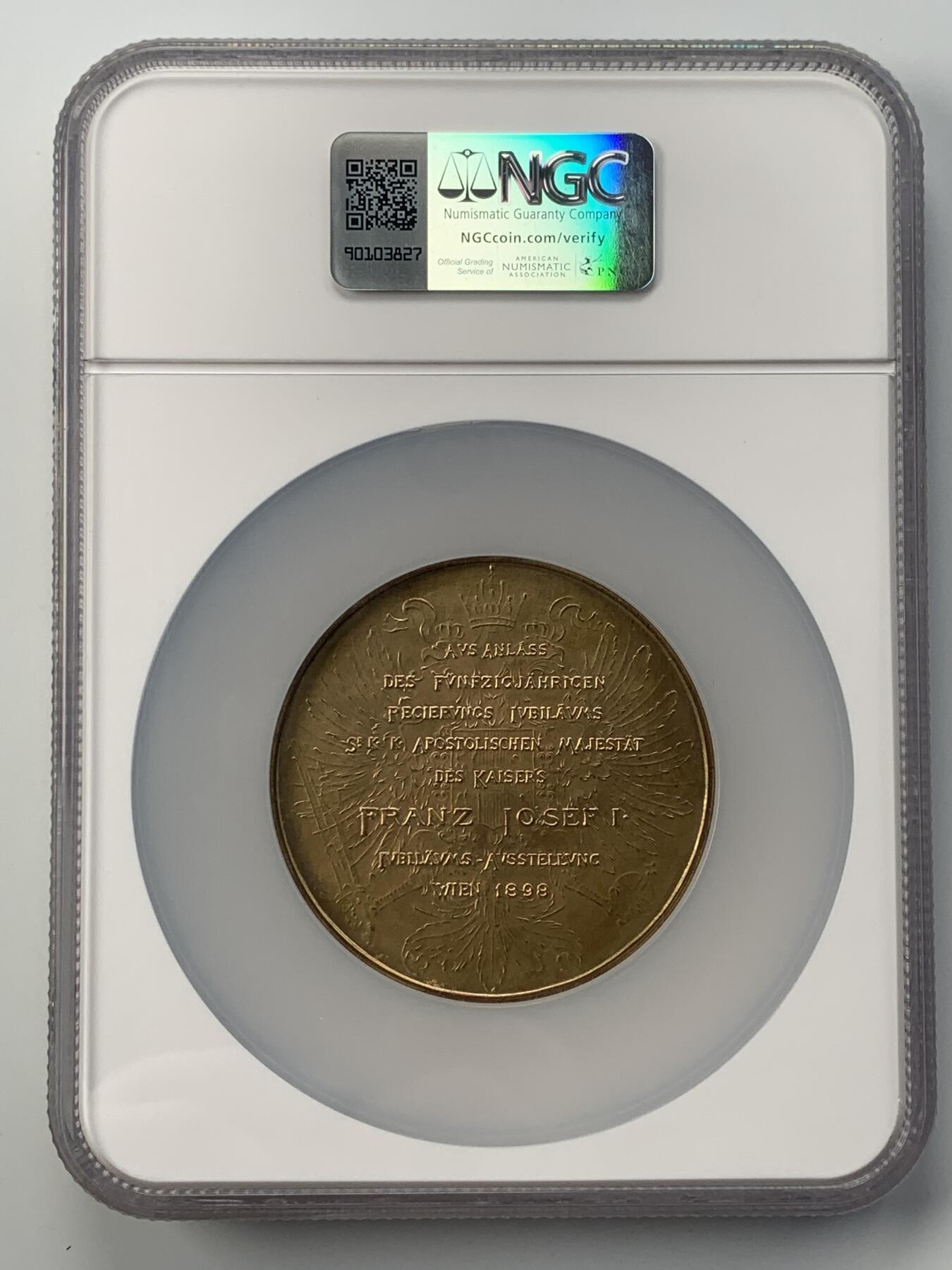 掌中浮雕-藏着的欧洲第052场 NGC MS64 : 1898年奥地利皇帝弗兰茨•约瑟夫一世登基50周年&奥地利农业博览会纪念镀金铜章，63mm