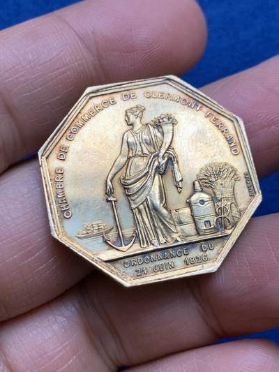 《竞宝斋》第465场 周日，周一，周二，3场连拍 （全场包邮）欢迎送拍 - 法国八角镀金银质代币，克莱蒙-费朗商会，11.65g，30.7mm，丰饶角1argent边铭