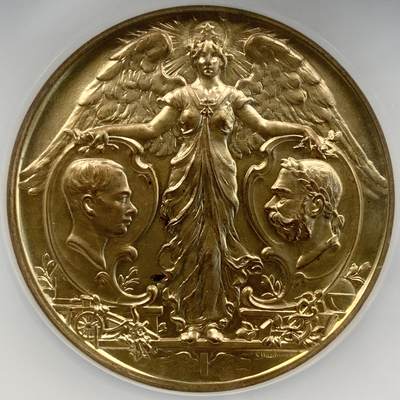 掌中浮雕-藏着的欧洲第052场 - NGC MS64 : 1898年奥地利皇帝弗兰茨•约瑟夫一世登基50周年&奥地利农业博览会纪念镀金铜章，63mm