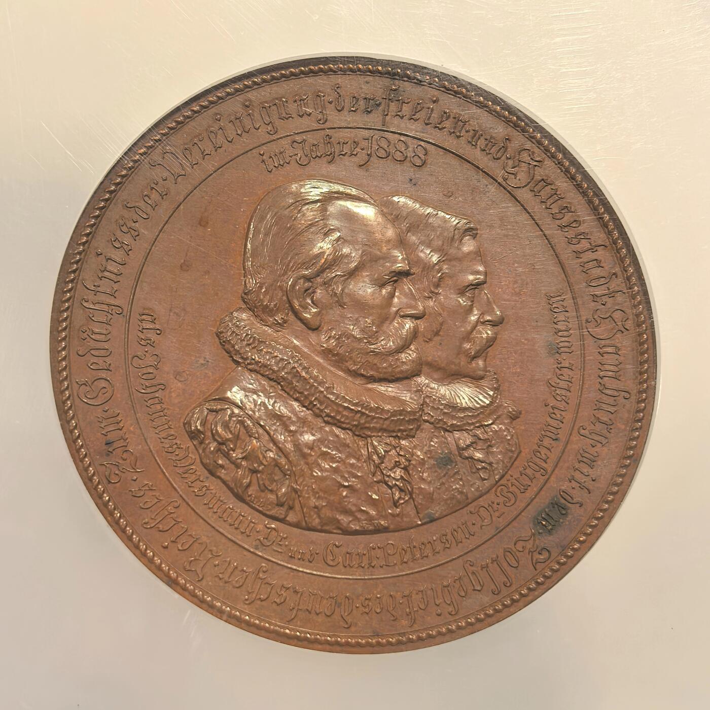 博洋堂“心向春光”2月精品大拍专场暨第160期（全场包邮） NGC MS63BN 冠军分！德国1888三皇年纪念汉堡市歌德学院巨大铜章，54mm大尺寸，背面百年风景依旧历历在目！