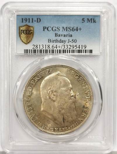 博洋堂“心向春光”2月精品大拍专场暨第160期（全场包邮） - PCGS MS64+ 德国巴伐利亚1911年D摄政王利奥波德90大寿5马克 至高至美的淡黄油包浆D