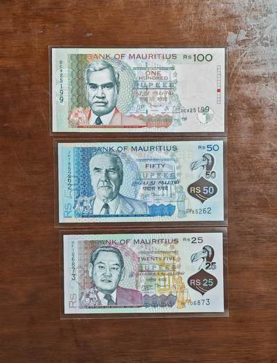 【礼羽收藏】🌏世界钱币拍卖第123期 - （一组3张）【UNC】非洲 毛里求斯 25.50.100