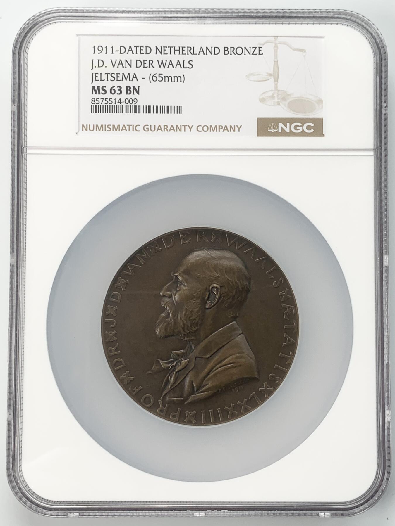 掌中浮雕-藏着的欧洲第052场 NGC MS63 : 1911年荷兰&比利时章牌协会#026——“范德瓦尔斯，诺贝尔物理学奖获得者”，65mm，  雕刻家： Fr. E. Jeltsema