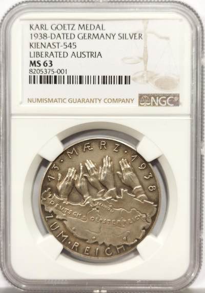 博洋堂“心向春光”2月精品大拍专场暨第160期（全场包邮） - NGC MS63 德国1938年占领奥地利银章，卡尔哥茨名品，顶级品相