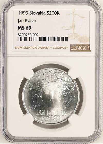 S&S Numismatic世界钱币-拍卖 第120期  - 斯洛伐克1993年 扬·科拉尔诞辰200周年 200克朗纪念银币 20克750银 NGC MS69