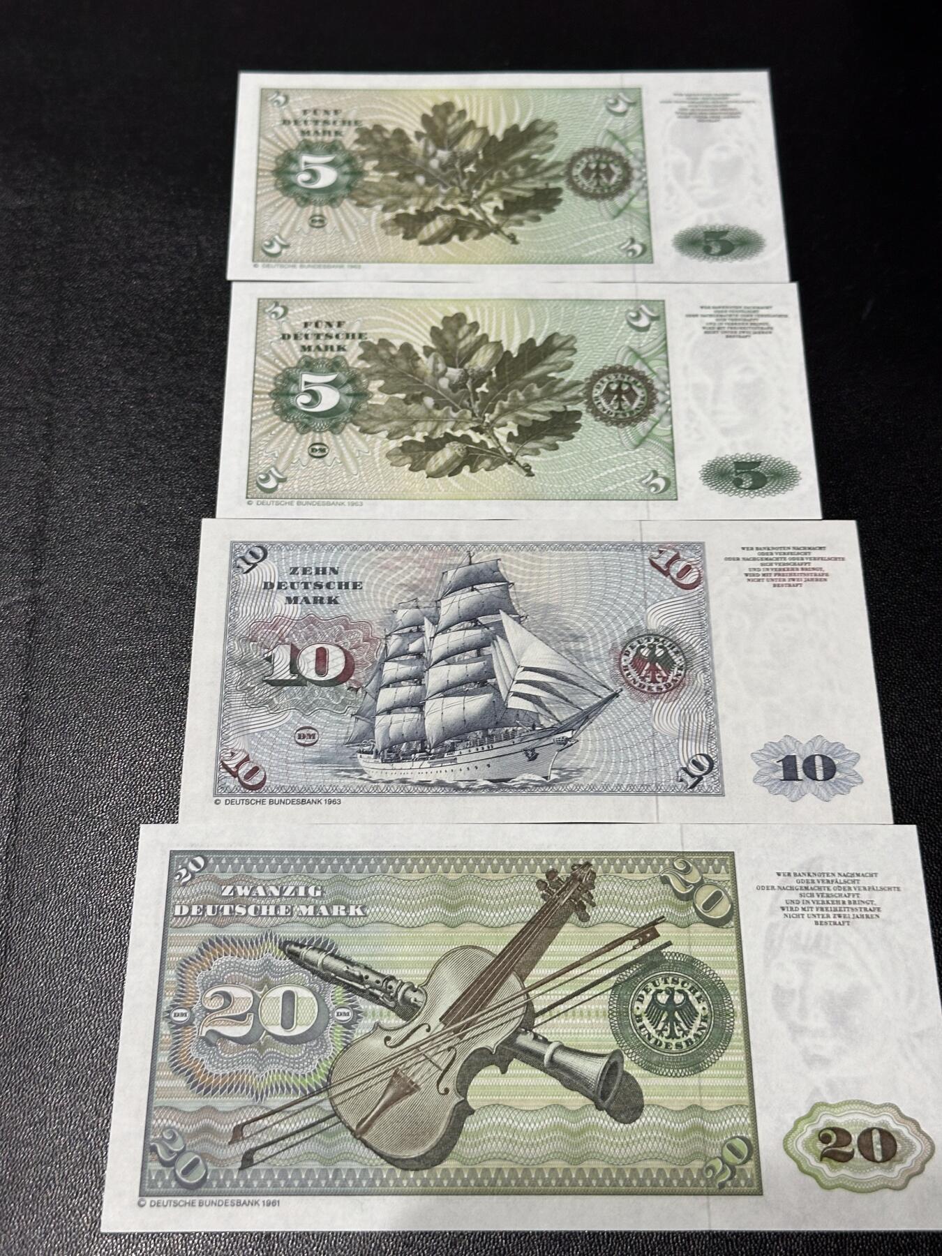 《外钞收藏家》第六百零八期（精选场）（本平台长期征集拍品、欢迎藏友们联系合作） 西德5-20马克 四张一起 全新UNC