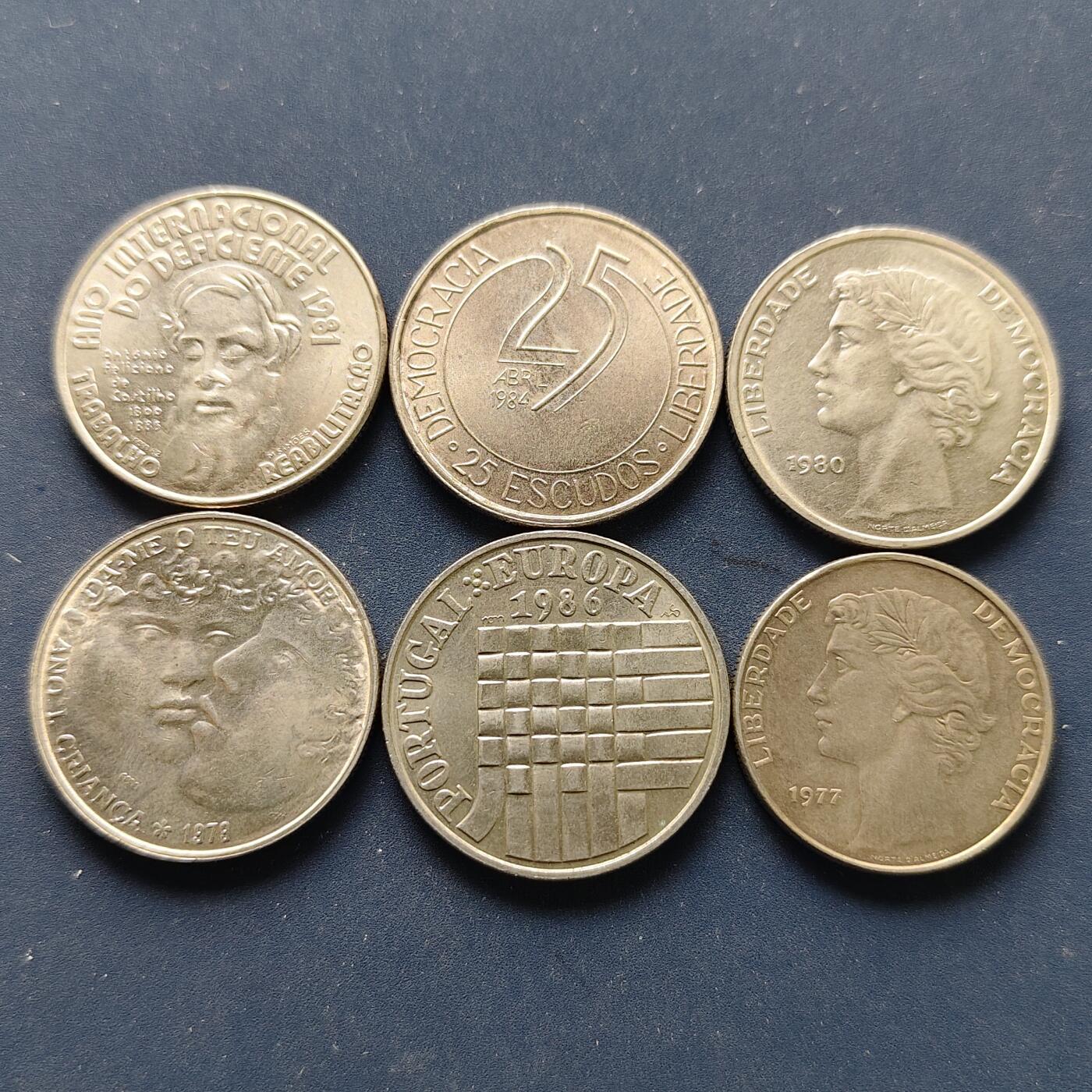 【全场包邮】纯粹捡漏拍500场-持续更新中 葡萄牙各年份25埃斯库多6枚一组-含儿童年+残疾人年+革命十周年+共同市场4枚纪念币+女神大小版