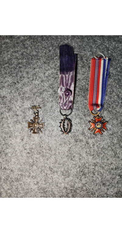 迷你法章三枚：极稀见带月桂配饰法国二战战争十字章，银质骑士级学术棕榈奖章，英法友谊勋章 - 迷你法章三枚：极稀见带月桂配饰法国二战战争十字章，银质骑士级学术棕榈奖章，英法友谊勋章