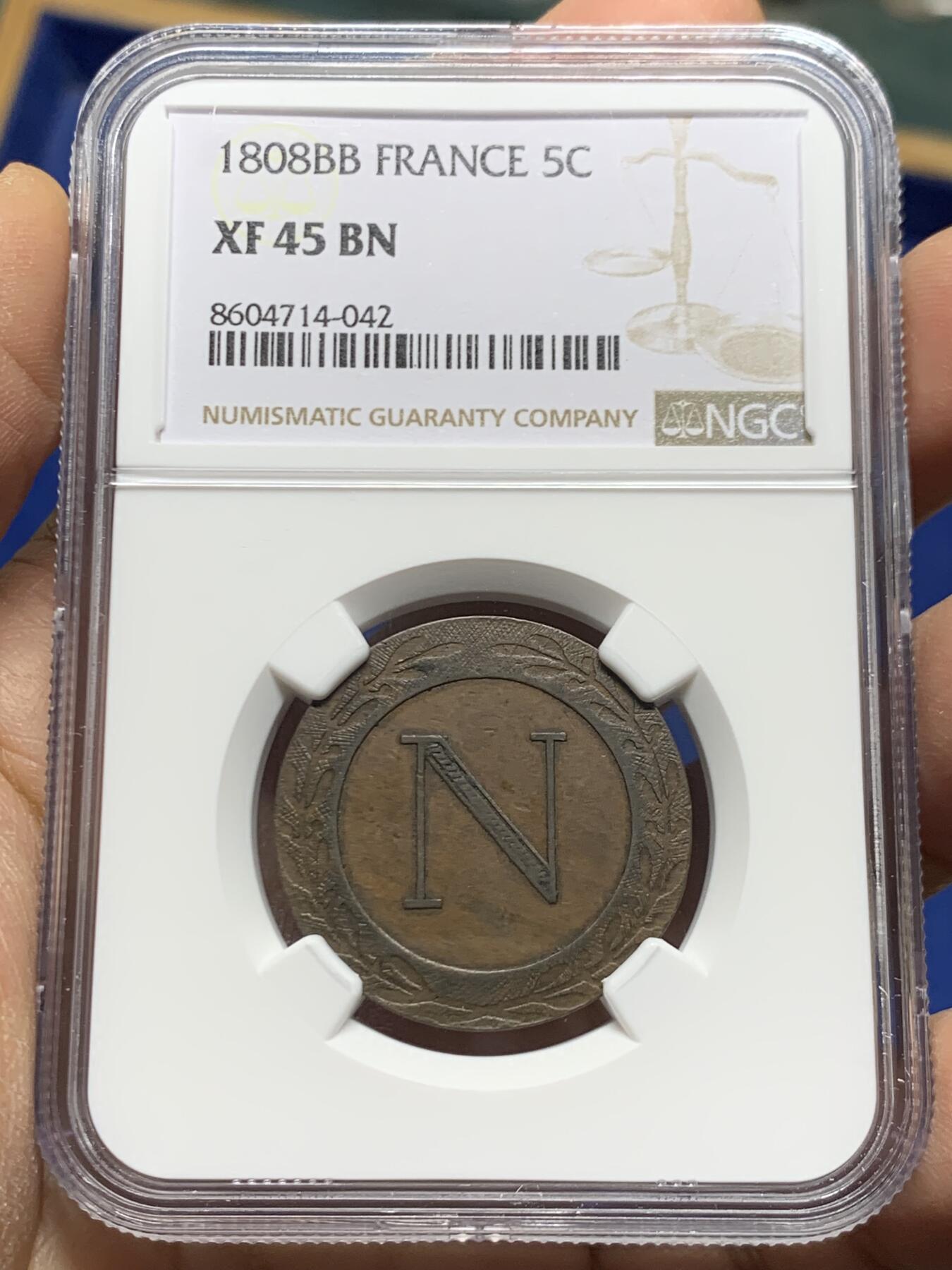 《竞宝斋》第464场 周日，周一，周二，3场连拍 （全场包邮）欢迎送拍 NGC XF45BN 法国 1808年 拿破仑一世 5生丁铜币 独年发行 难得状态