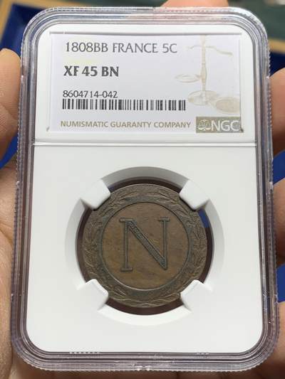《竞宝斋》第464场 周日，周一，周二，3场连拍 （全场包邮）欢迎送拍 - NGC XF45BN 法国 1808年 拿破仑一世 5生丁铜币 独年发行 难得状态