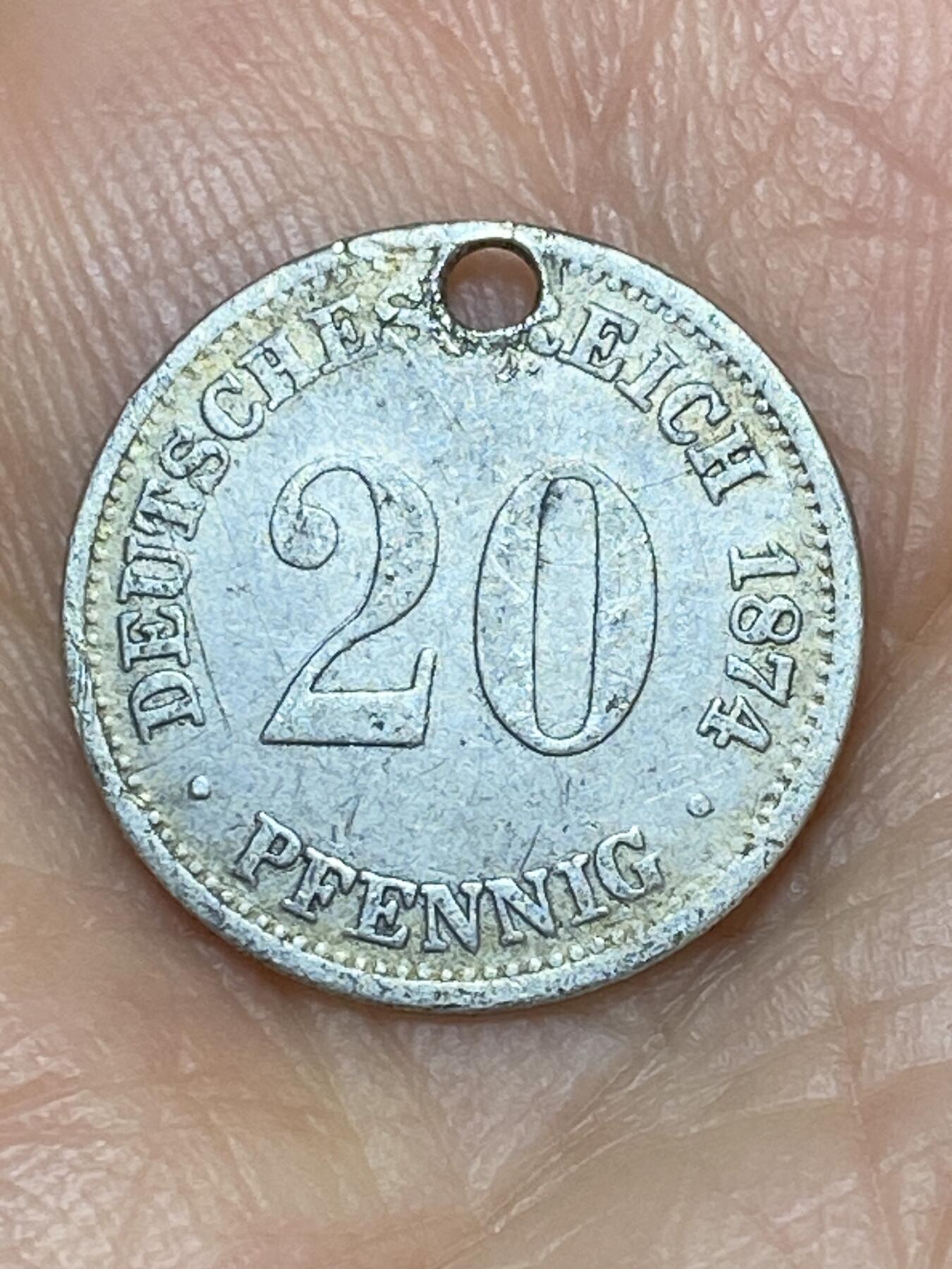 2026年第十九场(总第一百八十八场）外国好品散币场(免佣金) 打孔–德意志帝国1874年20芬尼银币(威廉一世时期，F标斯图加特造，900高银)