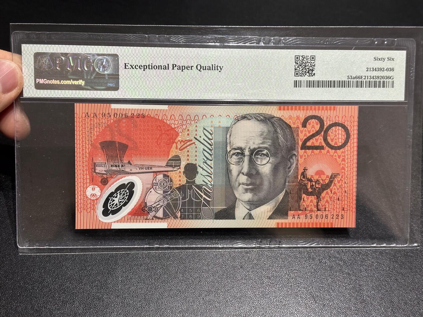 《外钞收藏家》第六百零八期（精选场）（本平台长期征集拍品、欢迎藏友们联系合作） 1995年澳大利亚20元 首发AA冠 PMG66 无47靓号