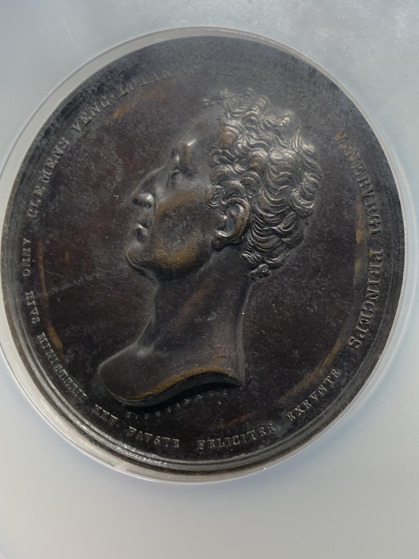 《竞宝斋》第465场 周日，周一，周二，3场连拍 （全场包邮）欢迎送拍 NGC AU58BN 奥地利克莱门斯·冯·梅特涅部长25周年纪念铜章，加大加厚盒。