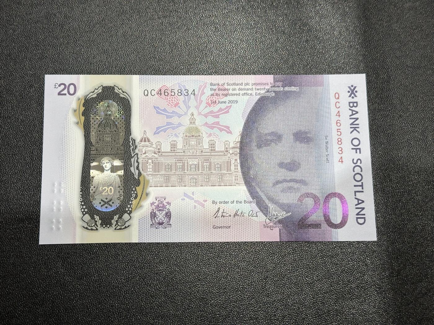 《外钞收藏家》第六百零八期（精选场）（本平台长期征集拍品、欢迎藏友们联系合作） 2019年苏格兰20镑 全新UNC 纪念钞