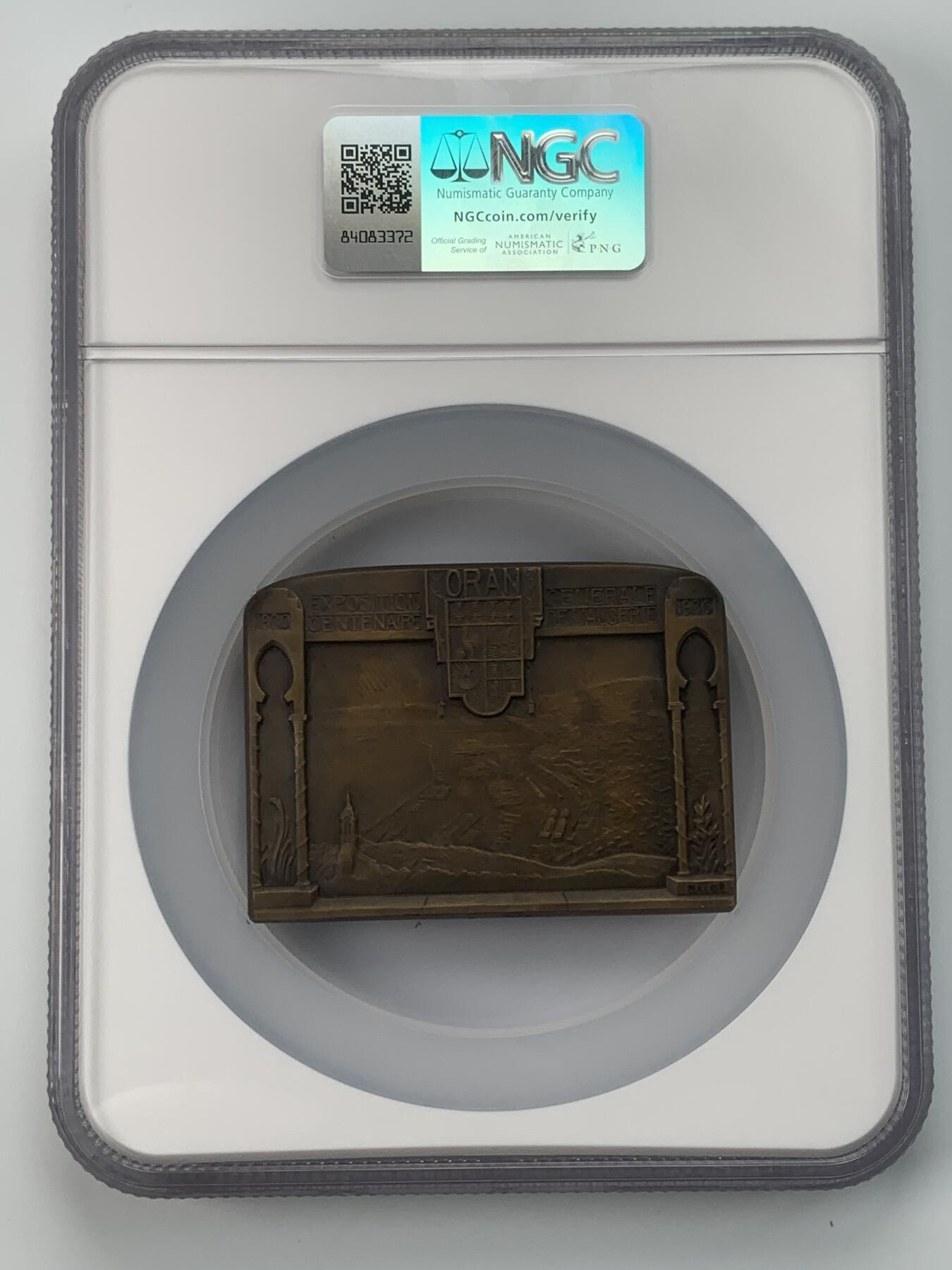 掌中浮雕-藏着的欧洲第052场 NGC MS64 ：1930年法国殖民阿尔及利亚百年综合展大铜章，50 X 70mm，稀少！