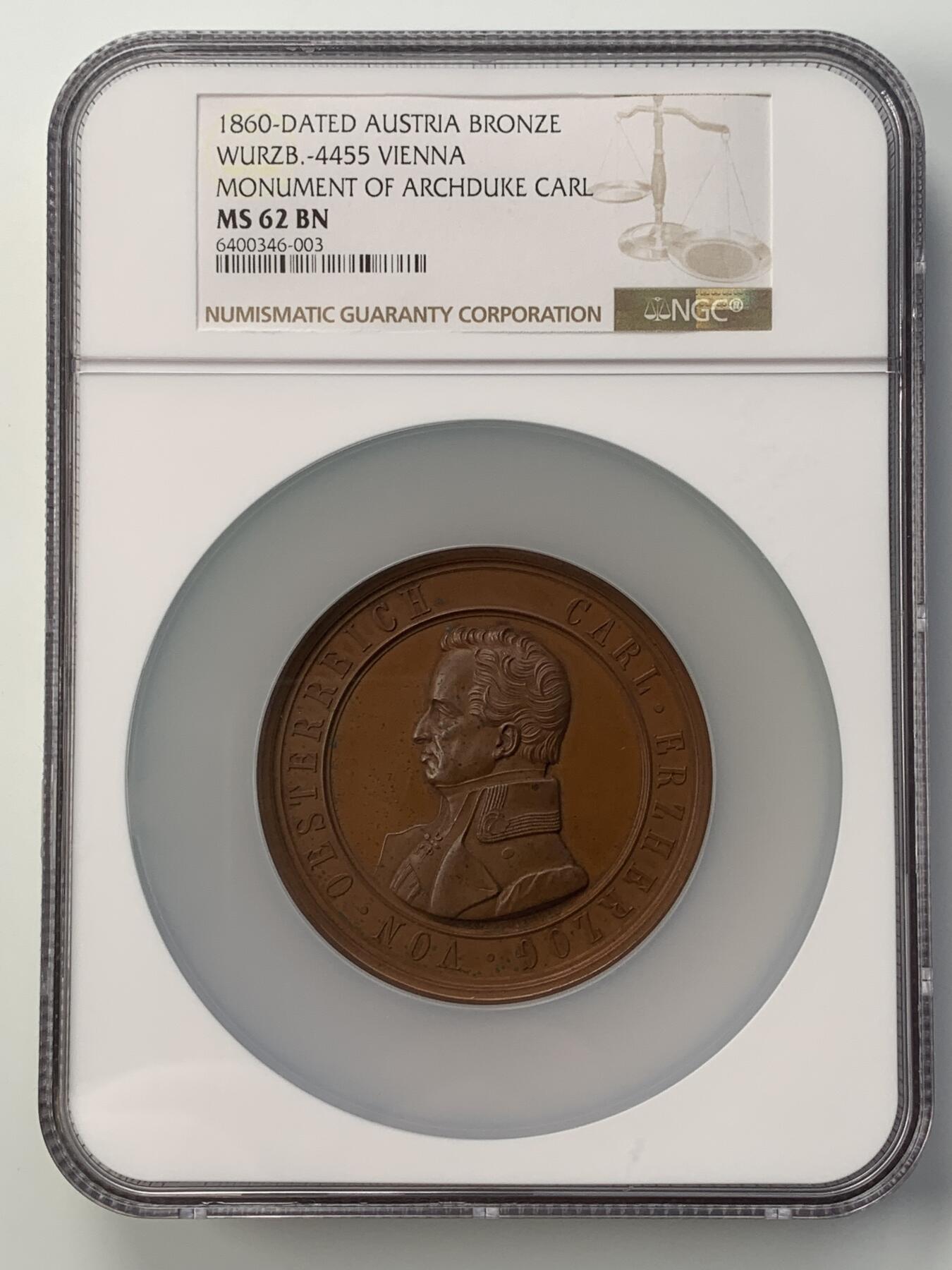 掌中浮雕-藏着的欧洲第052场 NGC MS62 : 1860年奥匈帝国卡尔大公纪念碑揭幕铜章，65mm