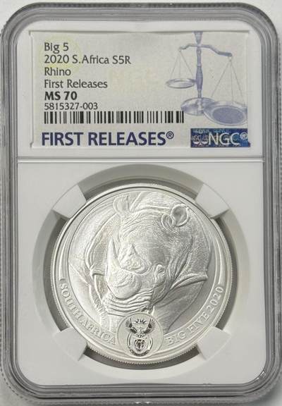 S&S Numismatic世界钱币-拍卖 第120期  - 南非2020年 非洲五霸系列1-犀牛 5兰特纪念银币 NGC MS70首期蓝标，冠军分