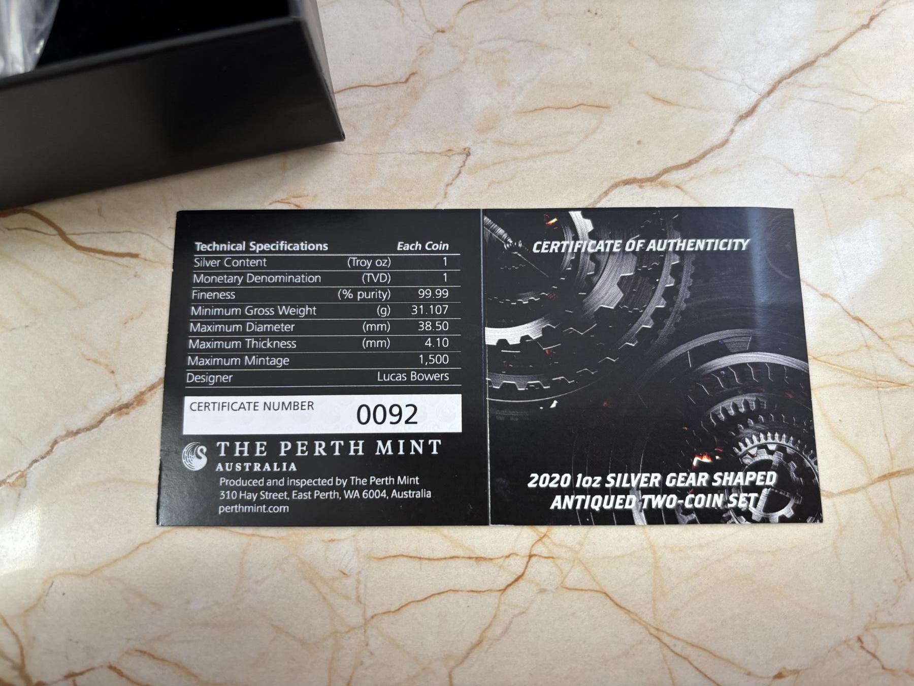 第190期拍卖 图瓦卢（珀斯铸造）2020年1元X2齿轮形仿古银币套  工业中运动机构-齿轮组 9999银1盎司X2 发行量：1500 盒证全