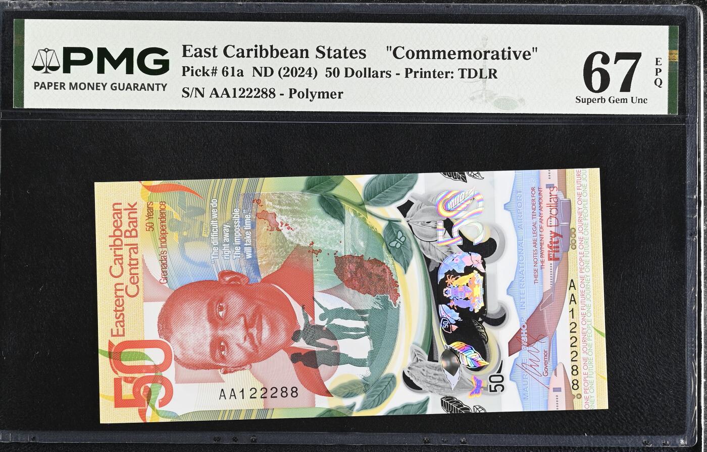 【礼羽收藏】🌏世界钱币拍卖第130期 【AA122288】2024年东加勒比50元塑料纪念钞 AA首发冠 无3457尾88 发发号 朦胧号 PMG67分 高分靓号 值得拥有