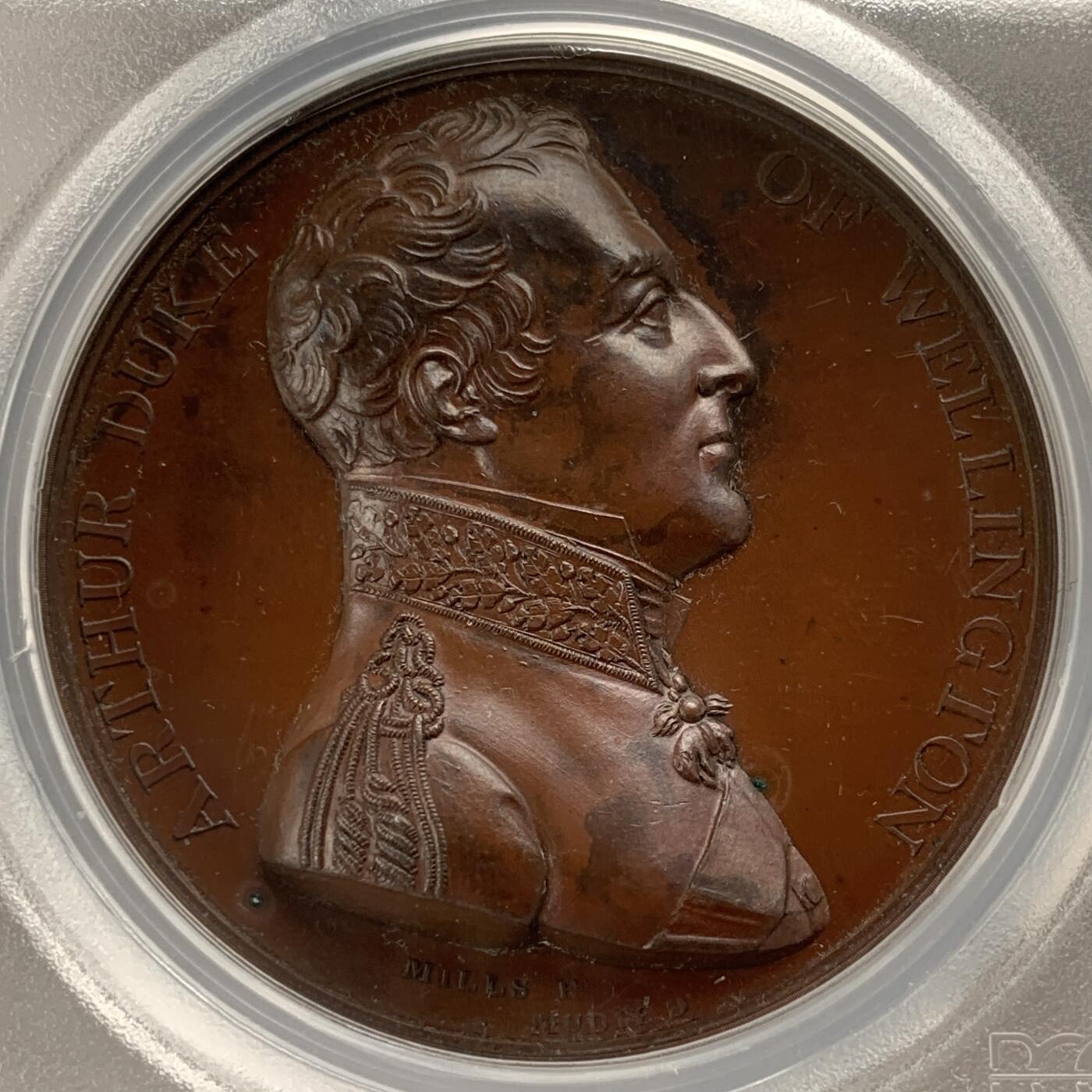 掌中浮雕-藏着的欧洲第052场 PCGS PR64  : 1809年英国惠灵顿公爵塔拉维拉战役胜利纪念铜章 , 41mm, 盒子有裂，不影响密封