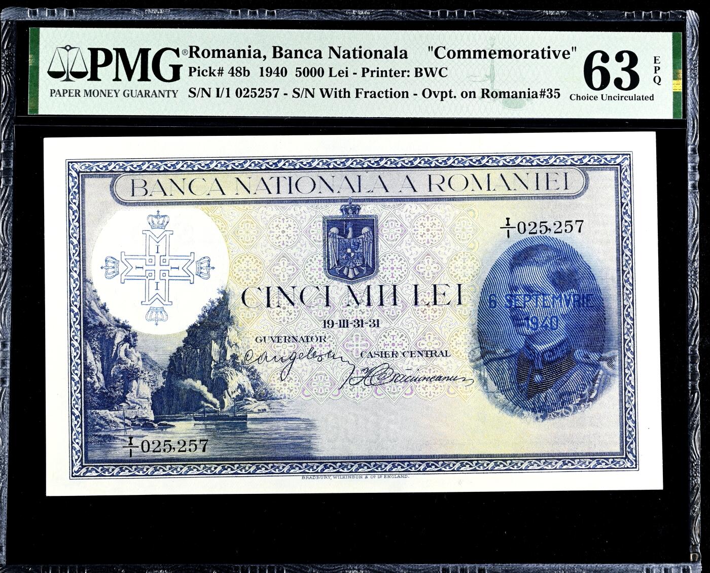 【Blue Auction】世界纸币精拍第782期——18级TOP拍卖/信誉/品质/专业/高效💫 【升值品种 I/1冠】罗马尼亚 1940年5000雷 BWC出品 大场景雕刻非常漂亮 正面：国王Carol II 背面：Michael the Brave 进入卡尔斯堡要塞 PMG63EPQ全新原票 