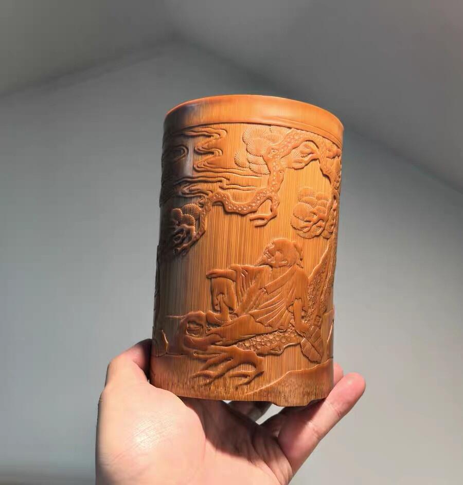 兰馨堂竹雕专场 名家玉竹雕松下人物竹雕笔筒