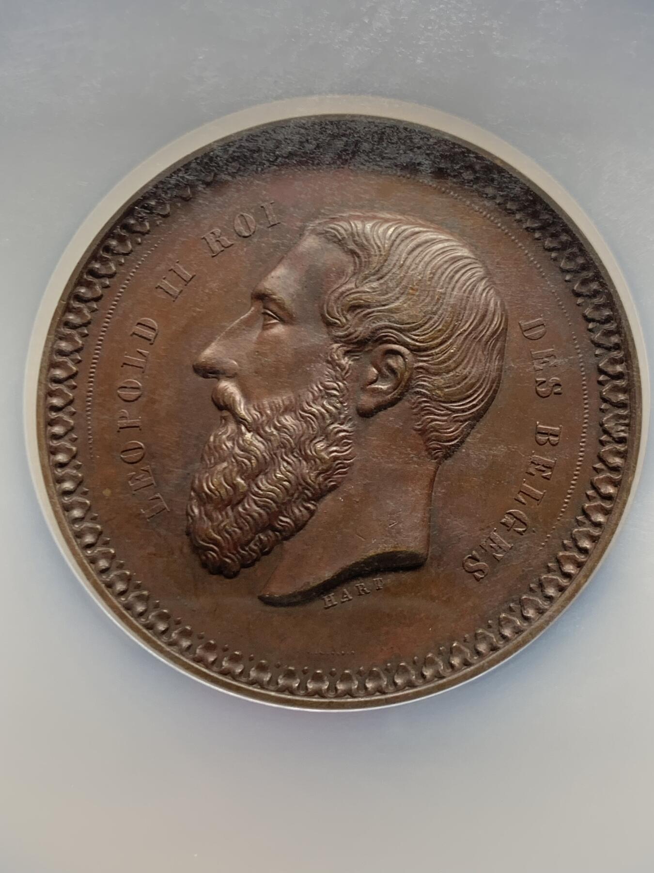 《竞宝斋》第465场 周日，周一，周二，3场连拍 （全场包邮）欢迎送拍 NGC MS61BN 比利时图尔奈皇家农业与园艺学会铜章，直径51毫米，加大加厚盒。