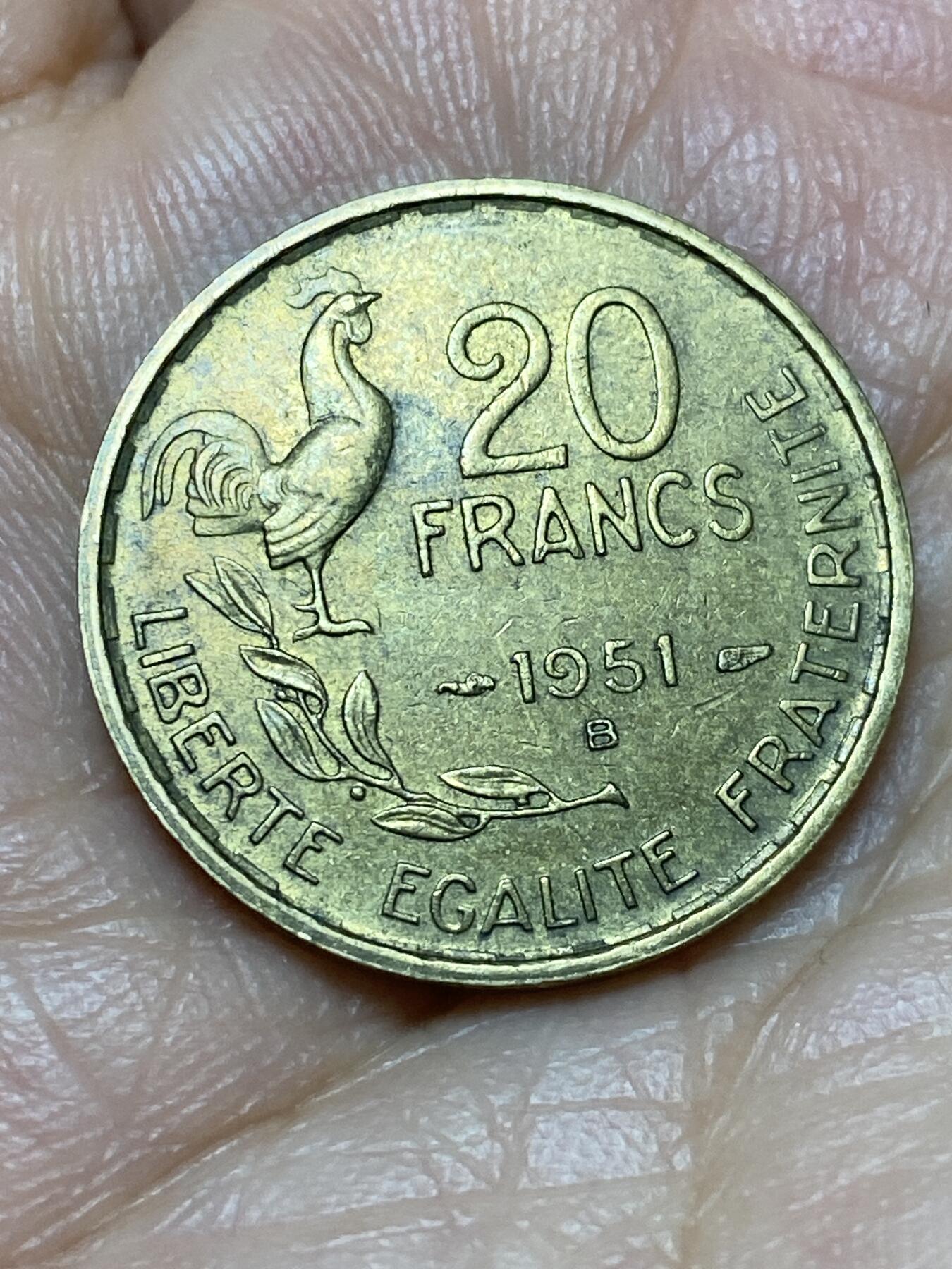 2026年第十九场(总第一百八十八场）外国好品散币场(免佣金) 法兰西第四共和国1951年20法郎(B标，博蒙莱罗热造)