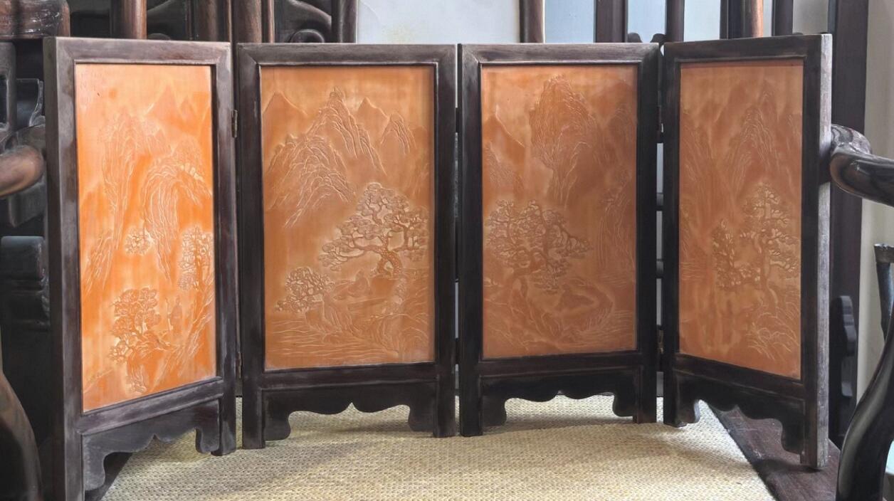 兰馨堂竹雕专场 老红木竹黄风景人物屏风摆件装饰品