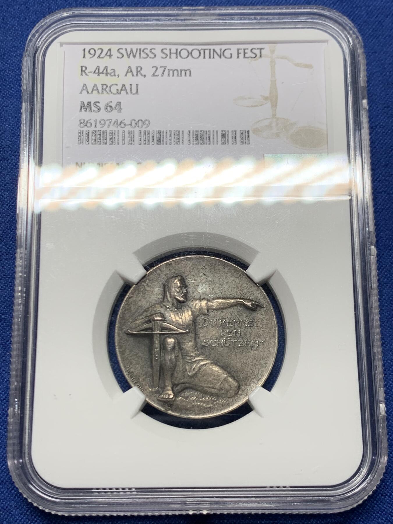 《竞宝斋》第465场 周日，周一，周二，3场连拍 （全场包邮）欢迎送拍 NGC MS64 瑞士1924年阿尔高州阿劳射击节银章 磨砂质感 鹰徽细腻 整体包浆搭配图案映衬出十足朦胧感
