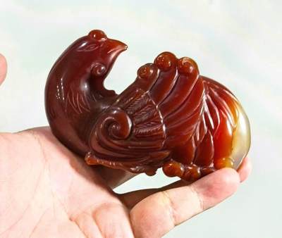 民国创汇玛瑙雕凤凰卧凤摆件笔架  