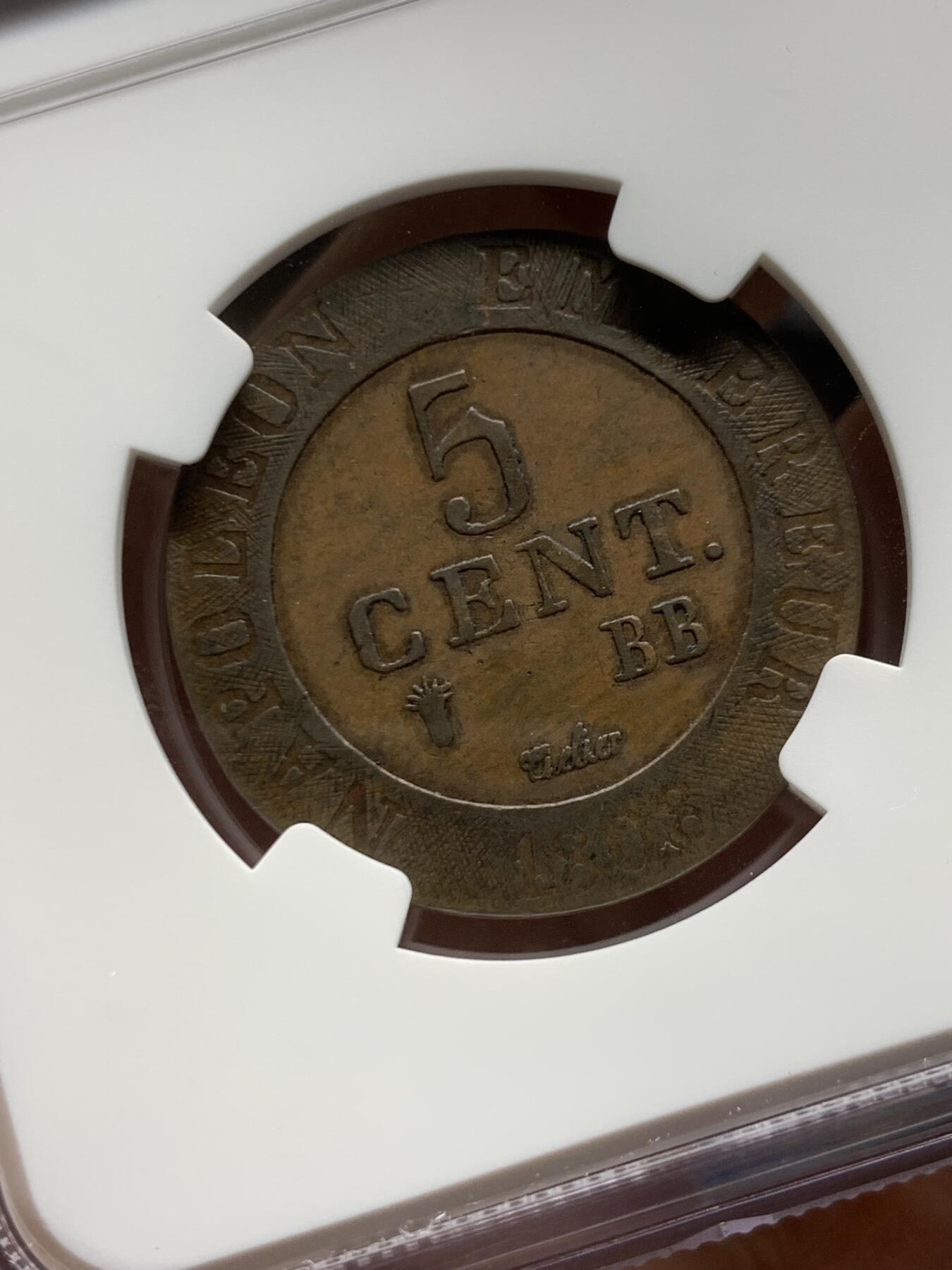 《竞宝斋》第464场 周日，周一，周二，3场连拍 （全场包邮）欢迎送拍 NGC XF45BN 法国 1808年 拿破仑一世 5生丁铜币 独年发行 难得状态