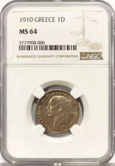 博洋堂“心向春光”2月精品大拍专场暨第160期（全场包邮） - NGC MS64 希腊1910年1德拉克马银币，正面乔治一世侧面像，背面希腊神话中阿喀琉斯的母亲忒提丝，手持阿喀琉斯之盾坐在马旁边