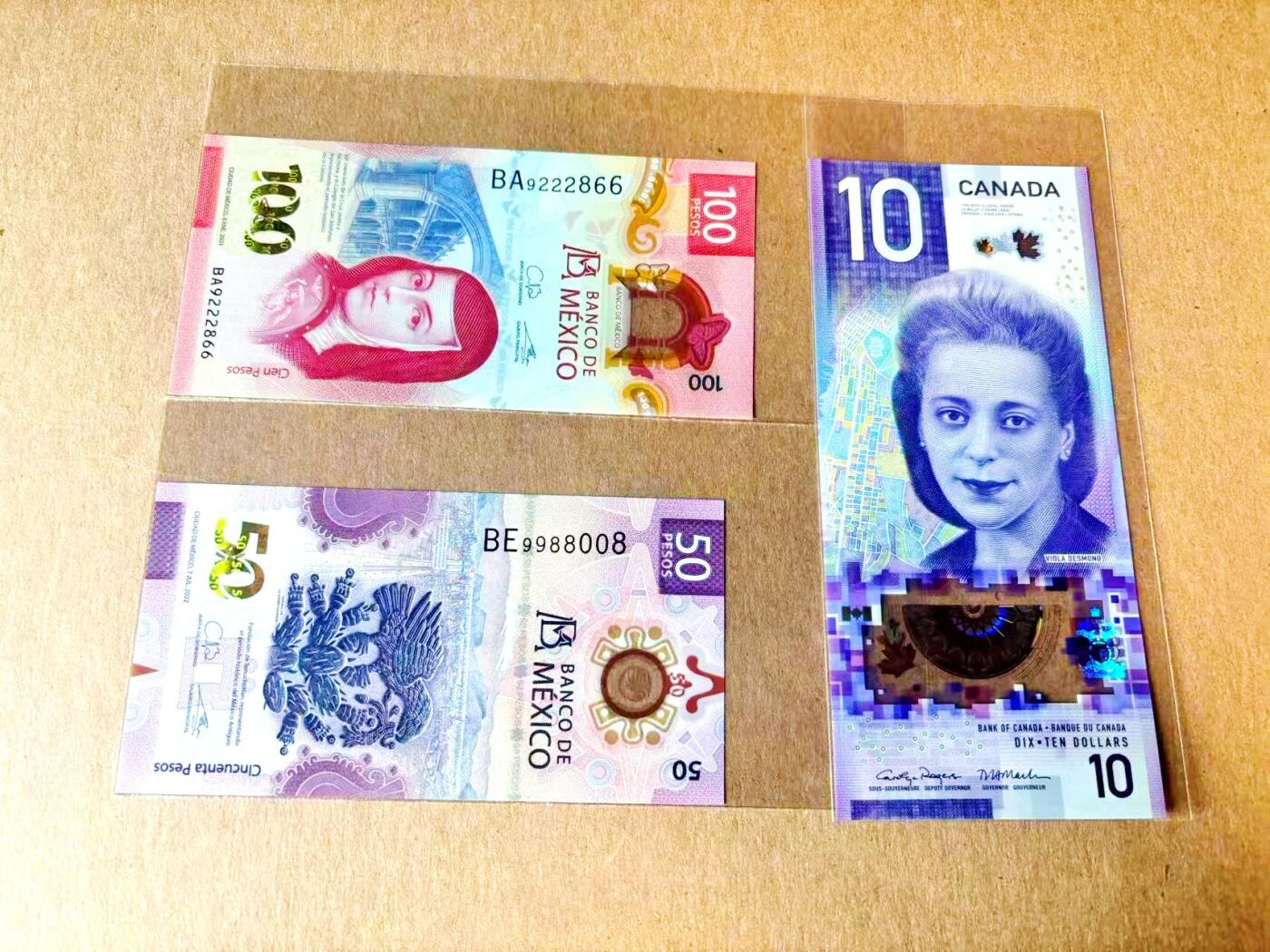 【Blue Auction】世界纸币精拍第782期——18级TOP拍卖/信誉/品质/专业/高效💫 【一组3张获奖钞 含倒置号】墨西哥2021-22年50-100比索&加拿大 2018年10元 全新UNC