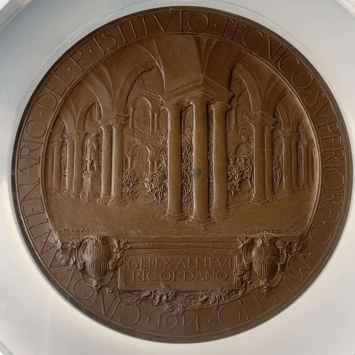 掌中浮雕-藏着的欧洲第052场 NGC MS64 : 1914年意大利皇家高等技术学院成立五十周年庆 ，70mm，意大利Johnson目录#370